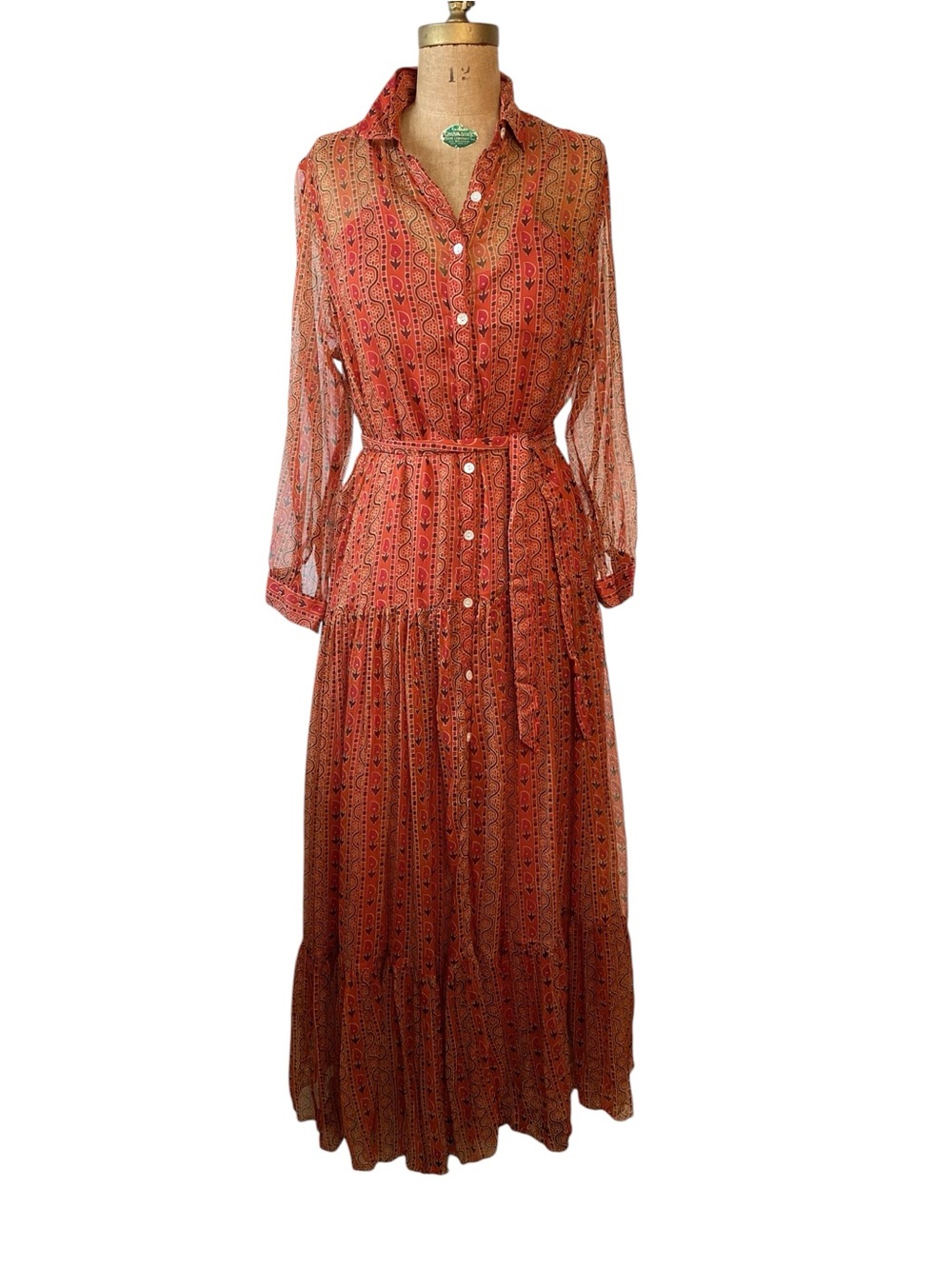 Bohemian Maison Hotel Red Printed Button-Front Maxi Dress with Waist Tie